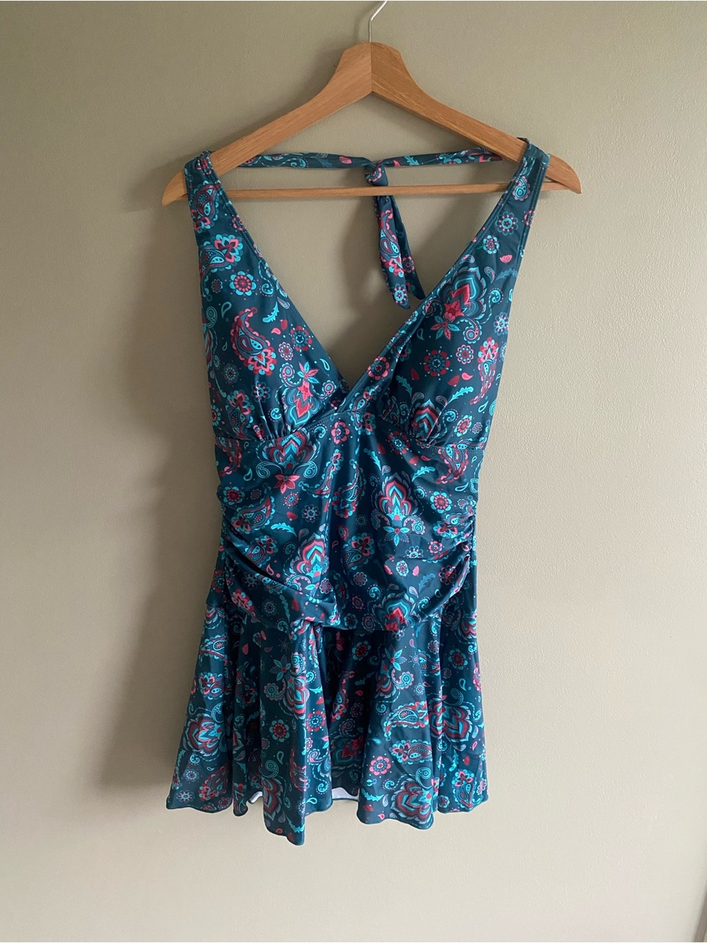 Halter One-Piece Swimdress in Teal‎ Paisley - Picture 2 of 11